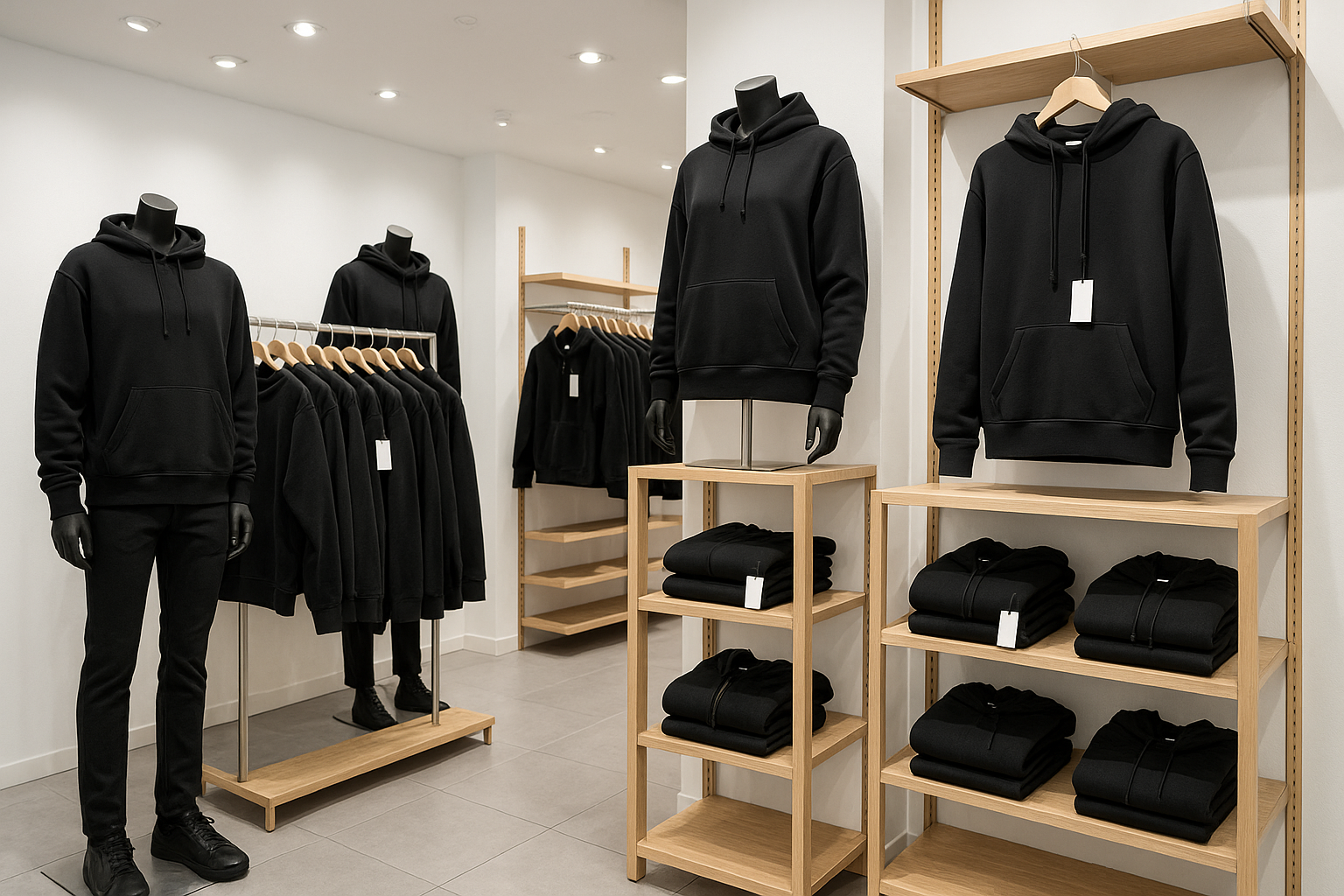 A hoodie store picture like all hodies of black colour 